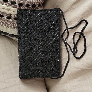 Valerie Stevens Silky Black Beaded Evening Cluch/Shoulder Bag